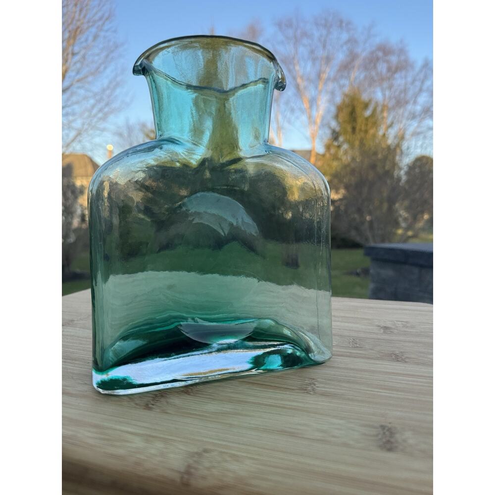 MCM Vtg BLENKO Teal SEA GREEN Glass double spout carafe 8" tall